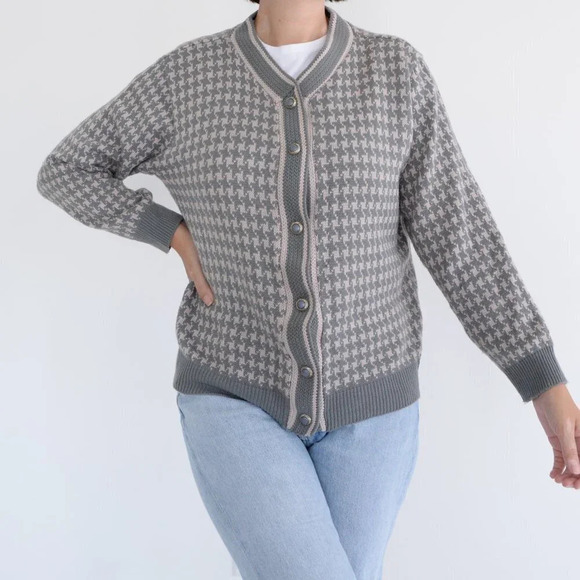 Sweaters - Vintage Excelsior Grey  and Pink-Cream Houndstooth Cardigan